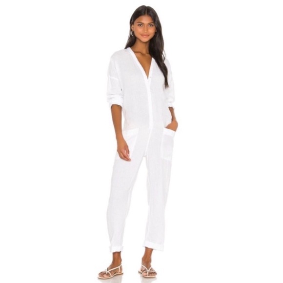 James Perse Pants - James Perse white v neck button front long sleeve linen jumpsuit sz 3 = Large